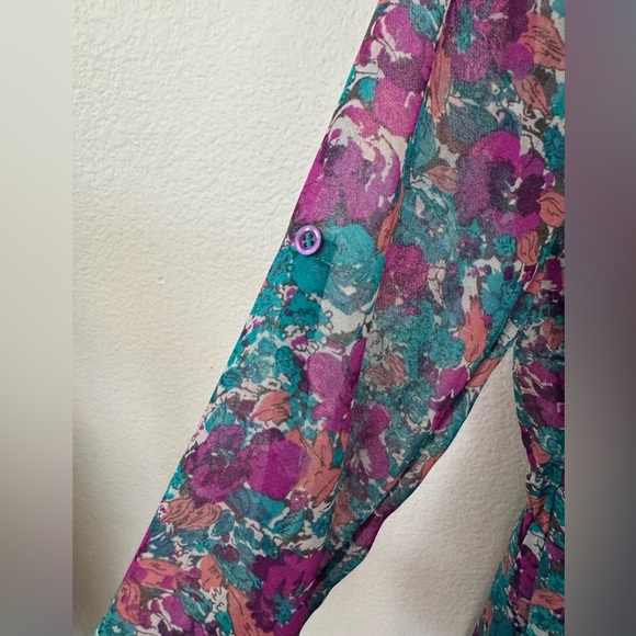 EUC BCBG Floral Dress Purple Green Pink Button down front Mini Size S Small - Picture 4 of 12